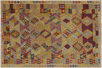 Flat Weave Kilim, Antique, Navaho, Vintage, Handmade, Geometric Kilim Ivory Blue Hand-Woven Rectangle 100% Wool Area Rug 7 x 10